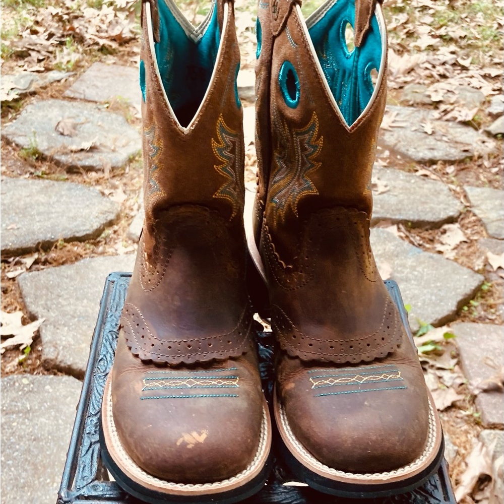 SOLD - different platform Brown and Teal Western Cowboy Boots Fat Baby “Shelia” - Picture 4 of 13